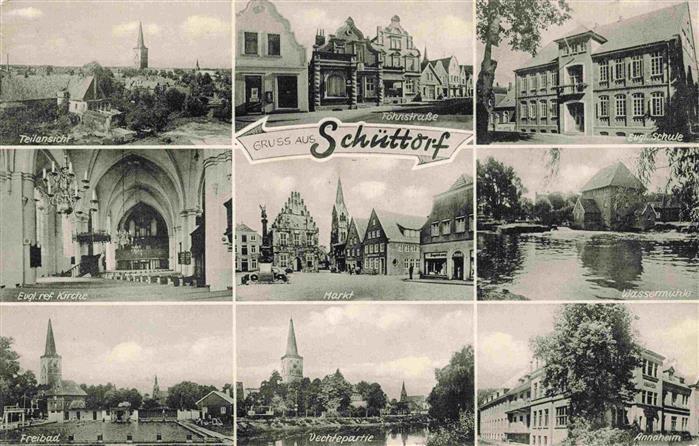 Schuettorf Teilansicht Strassenpartie Schule Kirche Markt Wassermuehle Freibad P
