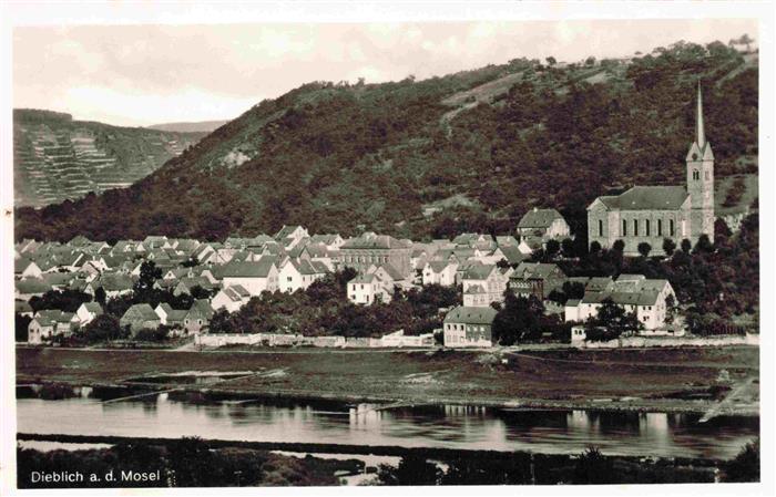 Dieblich Blick ueber die Mosel zum Ort Ansicht mit Kirche