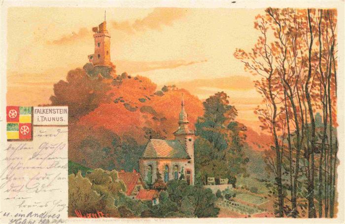 Falkenstein Taunus Ansicht mit Kirche und Burg Kuenstlerkarte