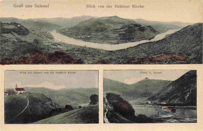 Salesel Dolni Zalezly CZ Panorama Blick von der Dubitzer Kirche Elbtal