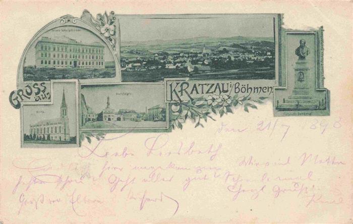 Kratzau Chrastava Boehmen CZ Panorama Neues Schulgebaeude Kirche Marktplatz