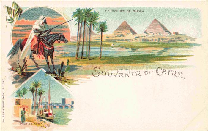 Caire  Kairo CAIRO Egypt Pyramides de Gizeh Reiter Pont de Kasr et Nil Litho