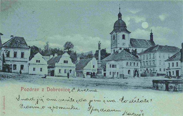 Dobrovice Dobrowitz Mlada Boleslav Jungbunzlau CZ Ortsansicht mit Kirche im Mond