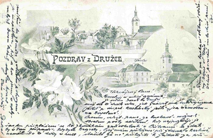 Druzce Druzec Pribram CZ Teilansichten Blick zur Kirche Kuenstlerkarte
