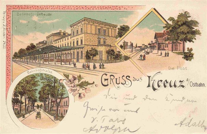 Kreuz Ostbahn Pommern Krzyz PL Bahnhofgebaeude Post Bahnhofstrasse Litho
