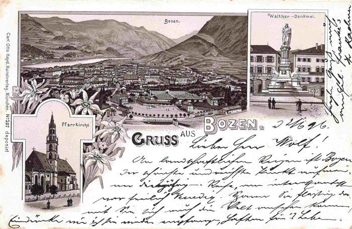 Bozen BOLZANO Suedtirol IT Panorama Walther-Denkmal Pfarrkirche Litho