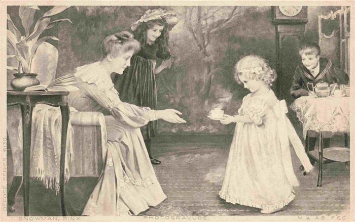 Snowman Kuenstlerkarte Photogravure Kind Frau Kaffee