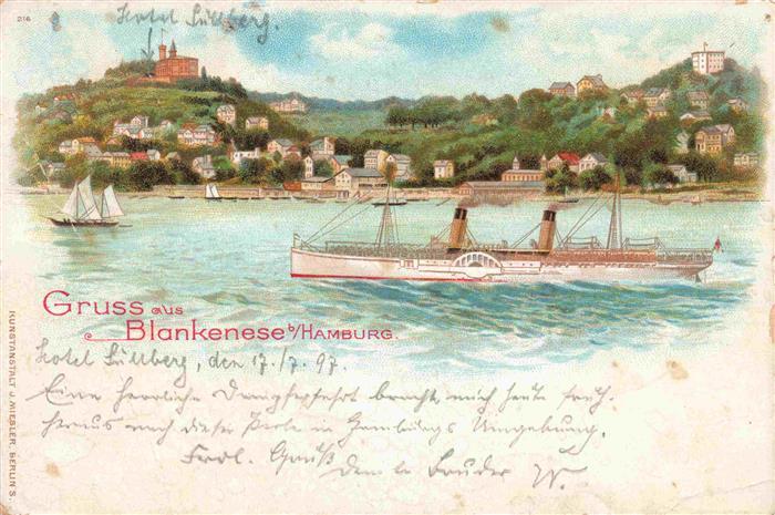 Dampfer Seitenrad Gruss aus Blankenese B./ HAMBURG Litho