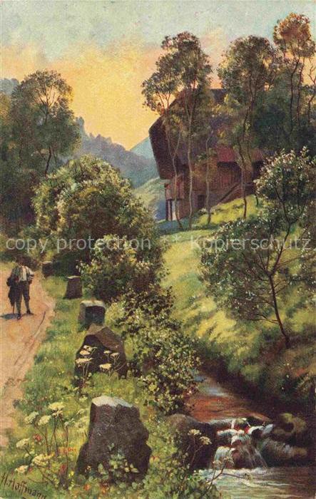 Hoffmann  Heinrich Kuenstlerkarte Sueddeutschland Alsace Fruehmorgens im Schwarz