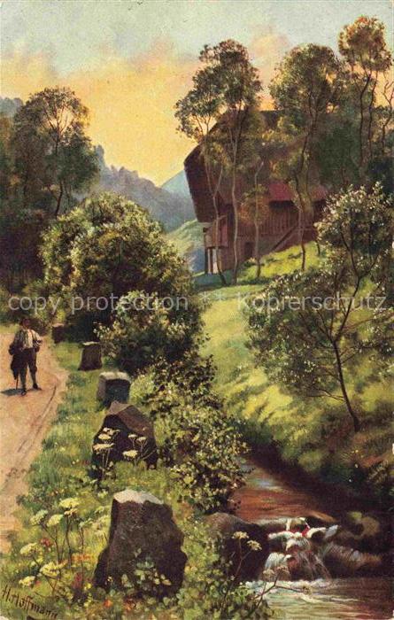 Hoffmann  Heinrich Kuenstlerkarte Sueddeutschland Alsace Fruehmorgens im Schwarz