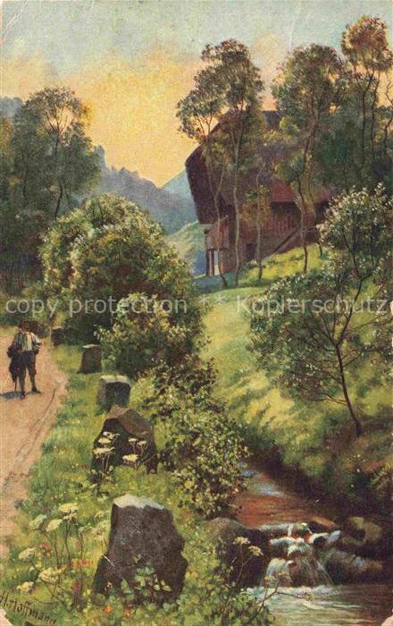Hoffmann  Heinrich Kuenstlerkarte Sueddeutschland Alsace Fruehmorgens im Schwarz
