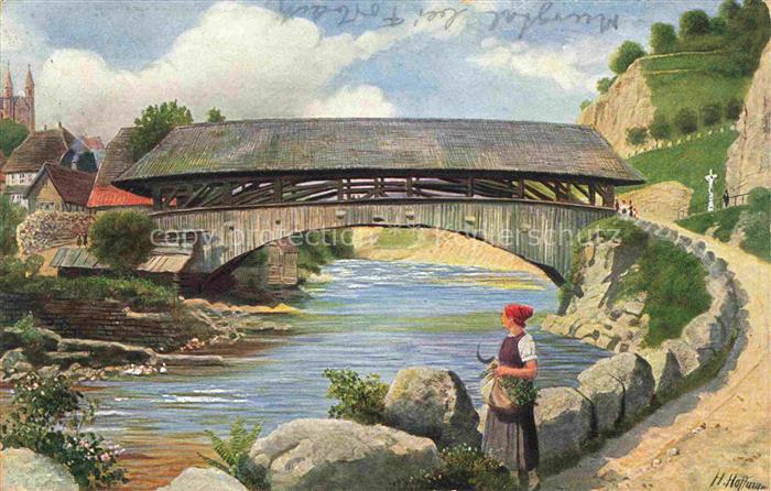 Hoffmann  Heinrich Kuenstlerkarte Sueddeutschland Alsace Alte Bruecke in Forbach