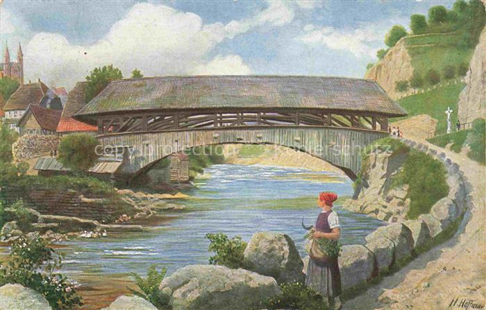 Hoffmann  Heinrich Kuenstlerkarte Sueddeutschland Alsace Alte Bruecke im Forbach