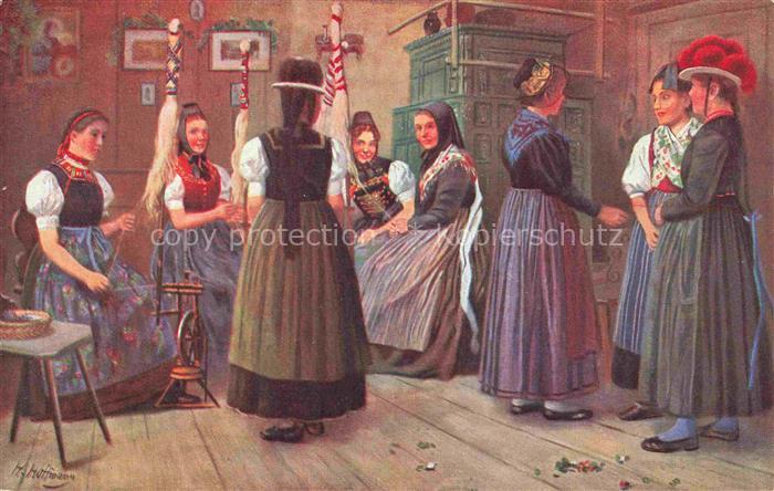 Hoffmann  Heinrich Kuenstlerkarte Sueddeutschland Alsace Spinnstube im Schwarzwa