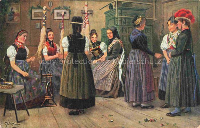 Hoffmann  Heinrich Kuenstlerkarte Sueddeutschland Alsace Spinnstube im Schwarzwa