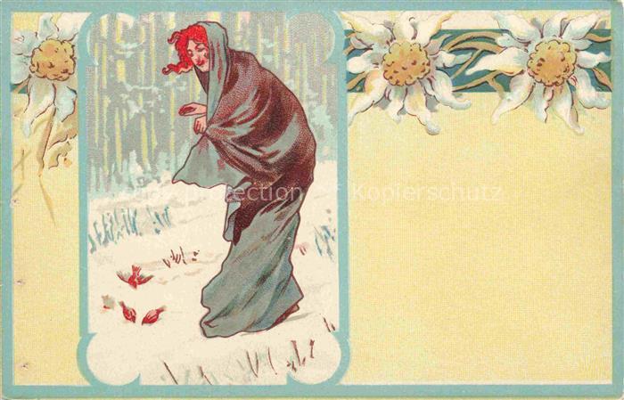 Jugendstil Frau Winter Litho