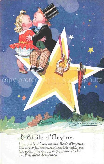 Mauzan Kuenstlerkarte L Etoile d Amour Stern Kinder Kuss Liebe