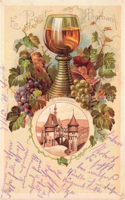 Trarbach Traben-Trarbach Mosel Weinglas Reben Brueckenkopf Kuenstlerkarte