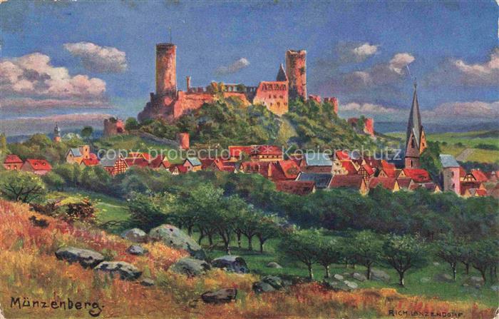 Muenzenberg Hessen Ansicht mit Burg Lanzendorf Kuenstlerkarte Serie Burgen und S