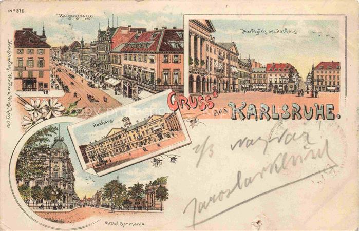 KARLSRUHE Baden Kaiserstrasse Rathaus Hotel Germania Marktplatz Rathaus Litho De