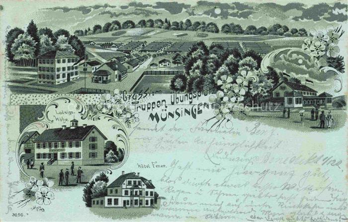 Muensingen BW Panorama im Mondschein Ludwigshoehe Hotel Litho
