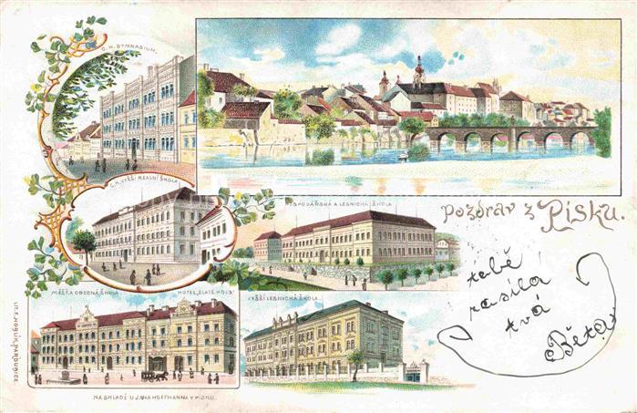 Pisku Pisek Pisch CZ Stadtbild mit Bruecke Gebaeude Litho