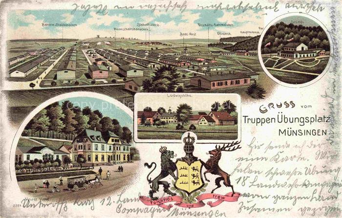Muensingen BW Panorama Truppenuebungsplatz Ludwigshoehe Hardt Hotel Casino Wappe