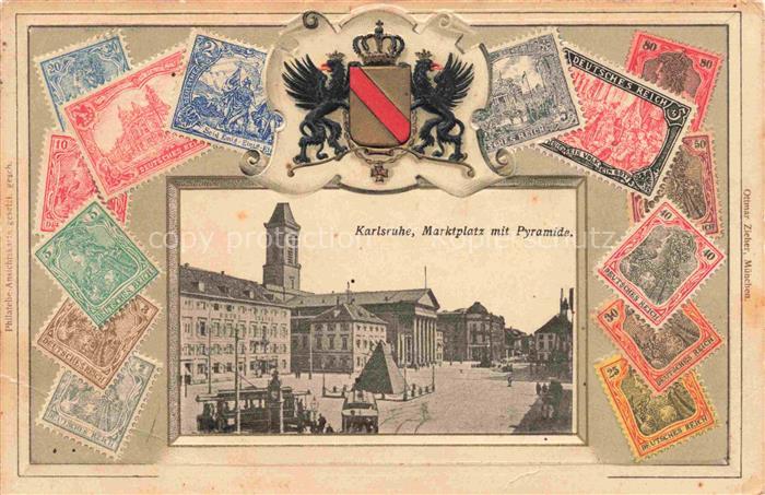 KARLSRUHE Baden Marktplatz mit Pyramide Sonderbriefmarken Wappen Krone