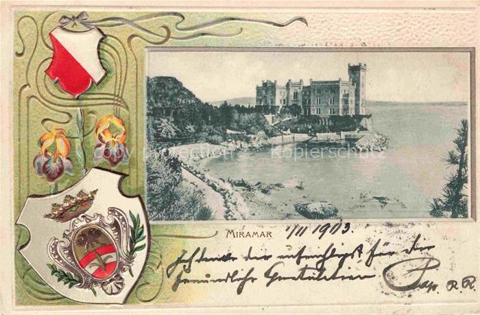 Miramar  Castello TRIESTE Triest IT Kuestenpanorama Schloss Wappen