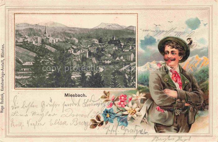 Miesbach Panorama Trachten Blumen Kuenstlerkarte