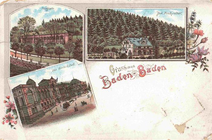 BADEN-BADEN BW Trinkhalle Fischkultur Friedrichsbad Litho Deutsche Reichspost