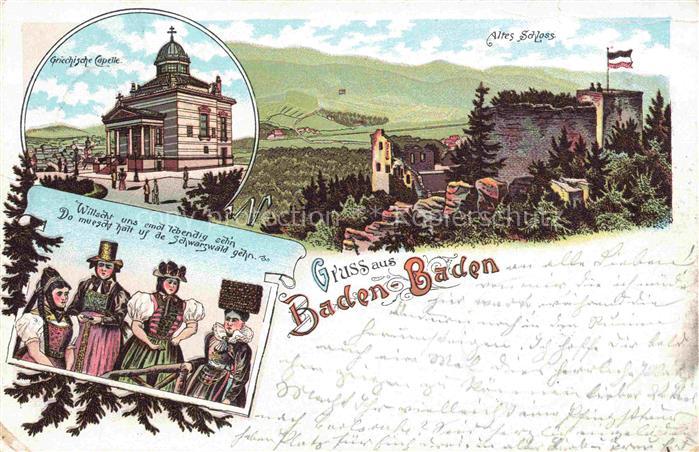 BADEN-BADEN BW Altes Schloss Griechische Kapelle Trachten Schwarzwald Litho