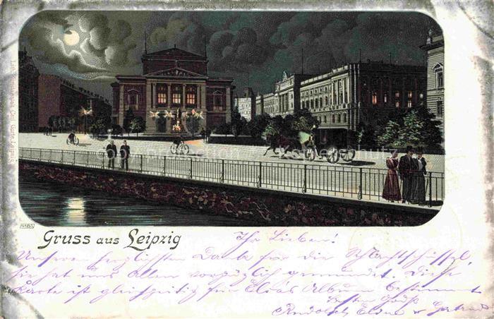 LEIPZIG Sachsen Promenade Pferdekutsche Gebaeude im Mondschein Litho