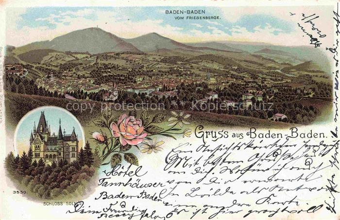 BADEN-BADEN BW Panorama Blick vom Friesenberg Schloss Solms Litho