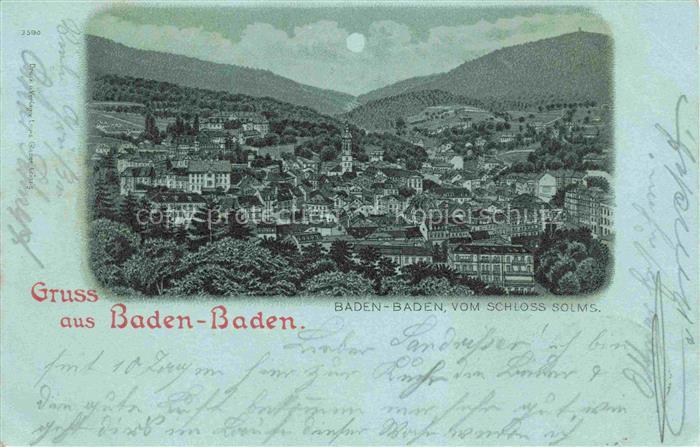 BADEN-BADEN BW Panorama Blick vom Schloss Solms im Mondschein Litho