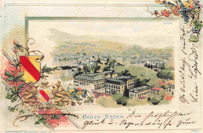 BADEN-BADEN BW Stadtpanorama Wappen Bilderrahmen Kuenstlerkarte