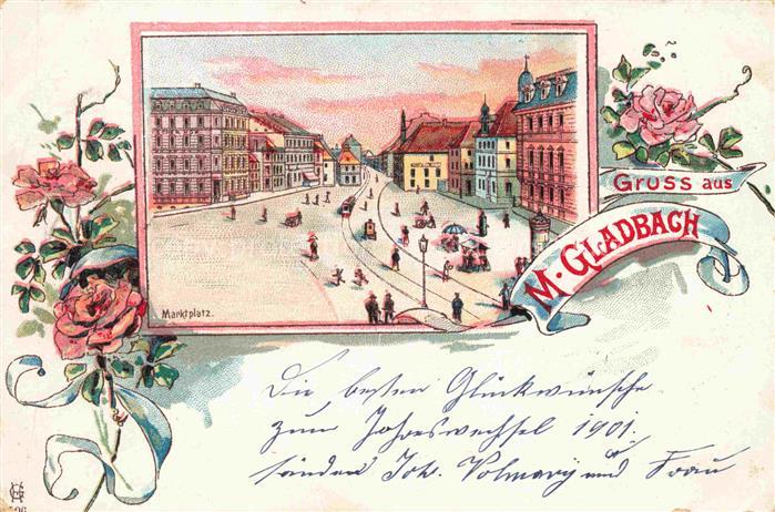 MoeNCHENGLADBACH NRW Marktplatz Bilderrahmen Blumen Litho