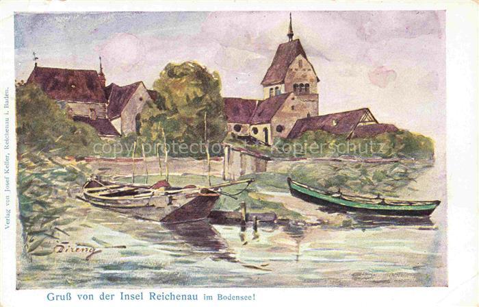 Insel Reichenau Bodensee Dorfmotiv Kuenstlerkarte