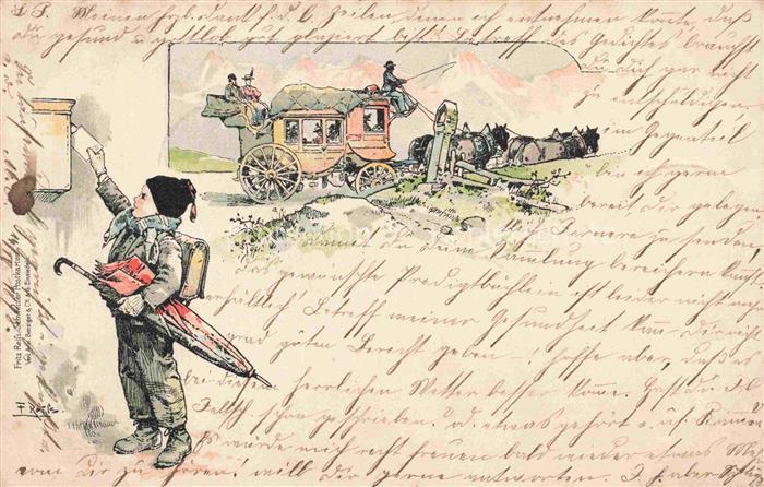 REIss Fritz Kuenstlerlitho Schwarzwaldkuenstler Postkutsche Schweizer Postkarte