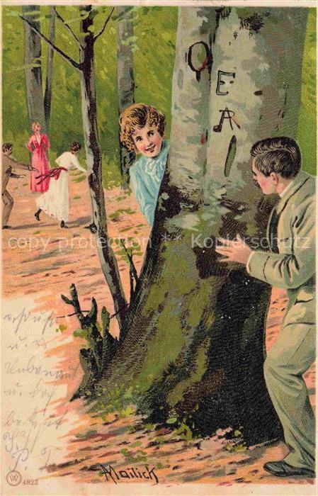 MAILICK A. Kuenstlerlitho Nr. 1823 Verstecken Fangen Frauen Maenner Wald