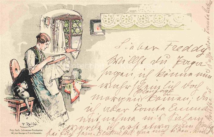 REIss Fritz Kuenstlerlitho Schwarzwaldkuenstler Frau Karte Sticken