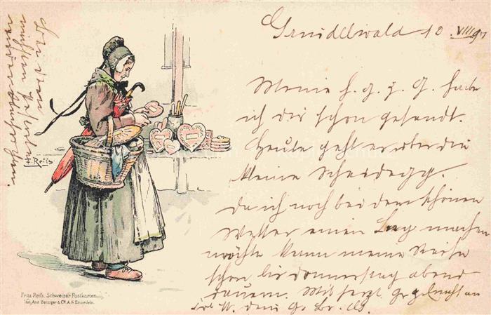 REIss Fritz Kuenstlerlitho Schwarzwaldkuenstler Frau Lebkuchen Korb