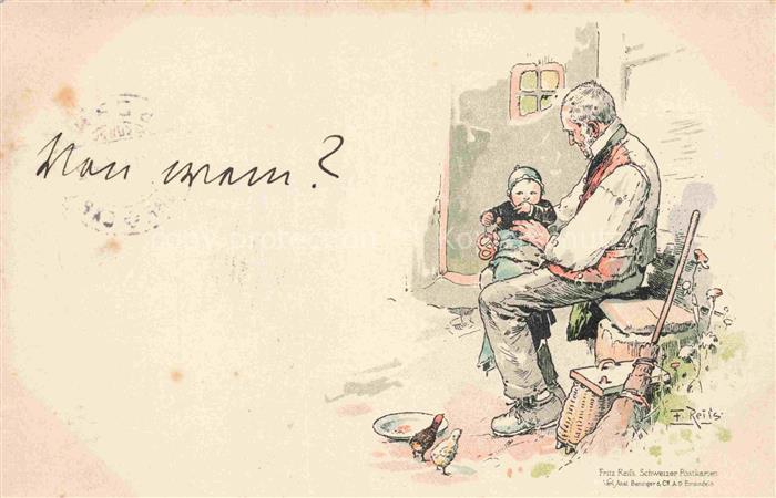 REIss Fritz Kuenstlerlitho Schwarzwaldkuenstler Mann Baby Brezel