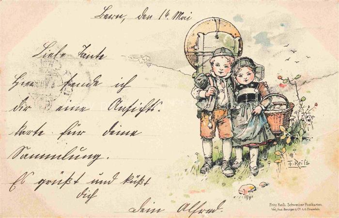 REIss Fritz Kuenstlerlitho Schwarzwaldkuenstler Kinder Pilze sammeln