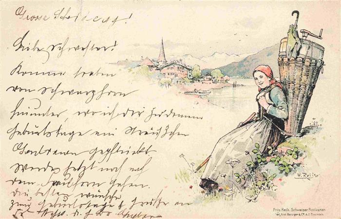 REIss Fritz Kuenstlerlitho Schwarzwaldkuenstler Frau Korb