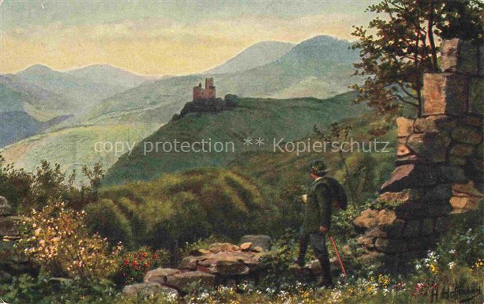 HOFFMANN  Heinrich Kuenstlerkarte Ruine Hohanblau auf die Spesburg Hohwald