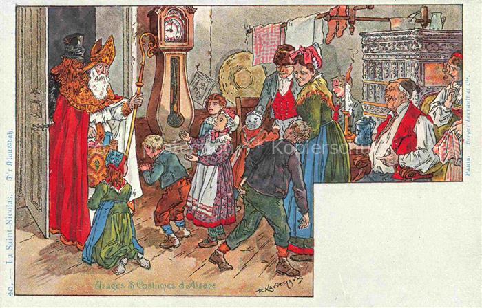 Kauffmann P. Alsace Elsass Kuenstlerlitho Usages Cosiumes d Alsase La Saint Nico