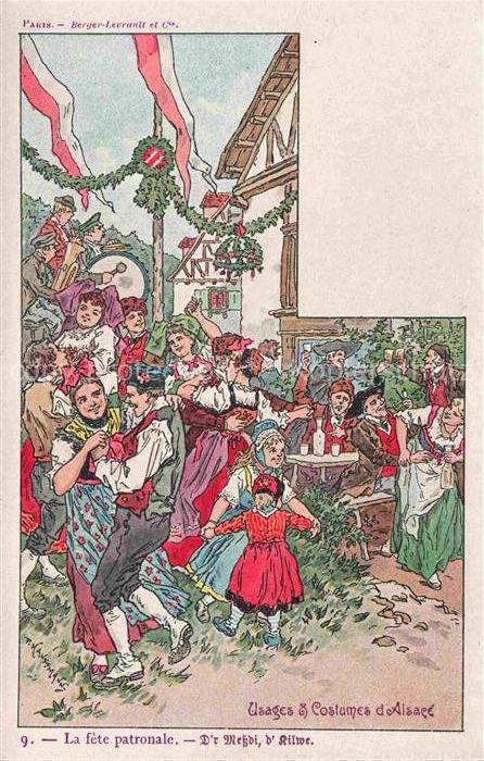 Kauffmann P. Alsace Elsass Kuenstlerlitho La fete patronale Dr Messdi d Rilwe