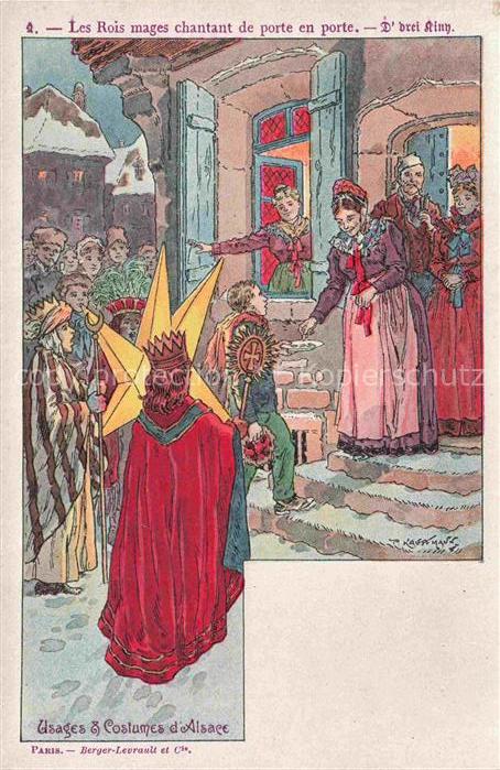 Kauffmann P. Alsace Elsass Kuenstlerlitho Les Rois mages chantant de porte en po