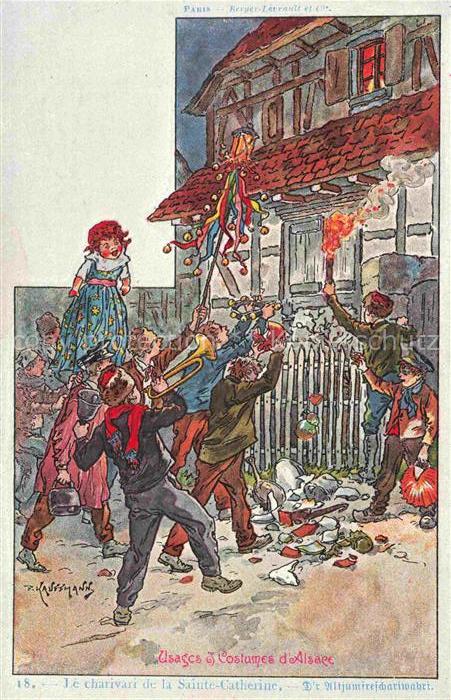 Kauffmann P. Alsace Elsass Kuenstlerlitho Le charivari de la Sainte Catherine